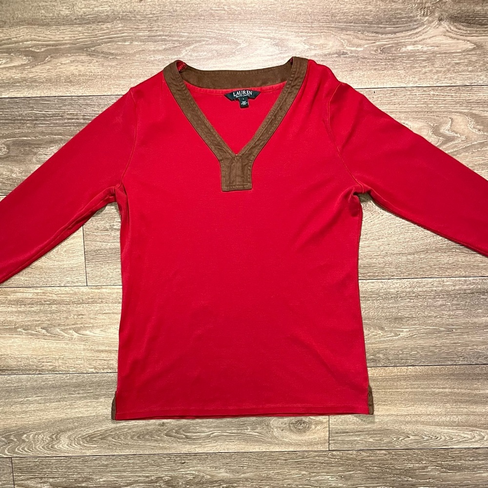 Lauren Ralph Lauren Sz LARGE Red V-Neck Tunic w/Brown Faux Suede Trim & Slits